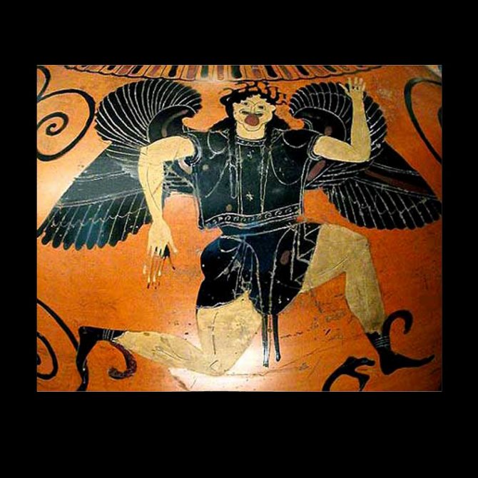 Un vase antique à figures noires. Gorgone Médusa courant sous la forme d'une croix gammée