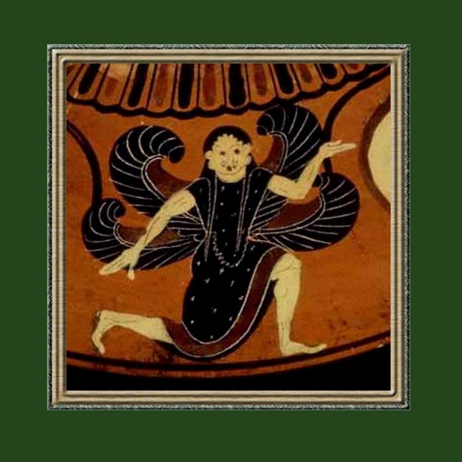 Un vase ancien. Représentation de la gorgone Médusa en forme de svastika.