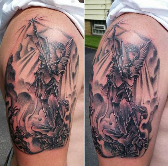 Archangel Michael on a guy's shoulder