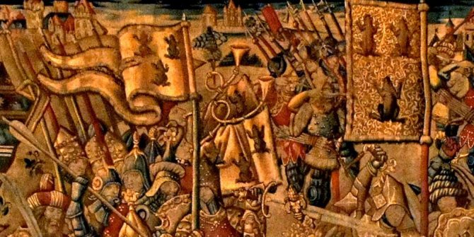 Battle of Tolbiac, a fragment of a tapestry with the banners of Claudwig