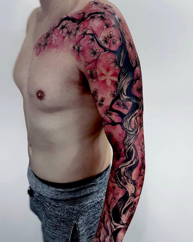 Grand tatouage de manche d'arbre de Sakura pour les hommes