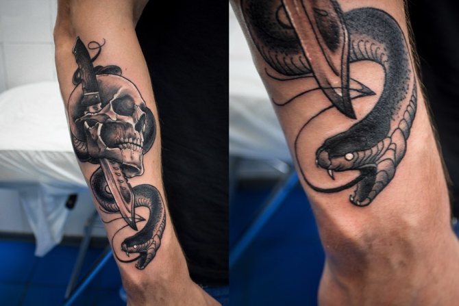 Crâne avec une dague et un serpent - un tatouage caractéristique d'un voleur