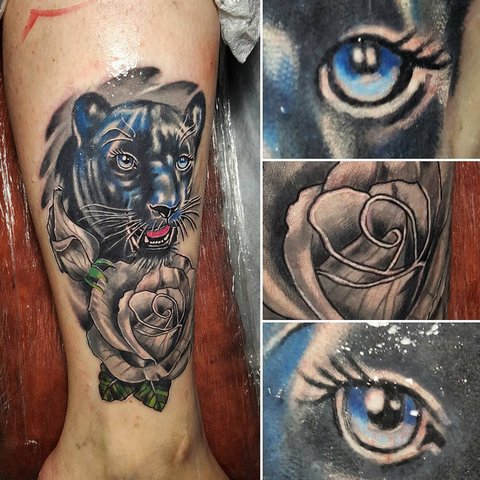 Tatuaje de pantera y flores de colores