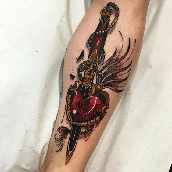 Color Dagger Tattoo on Leg