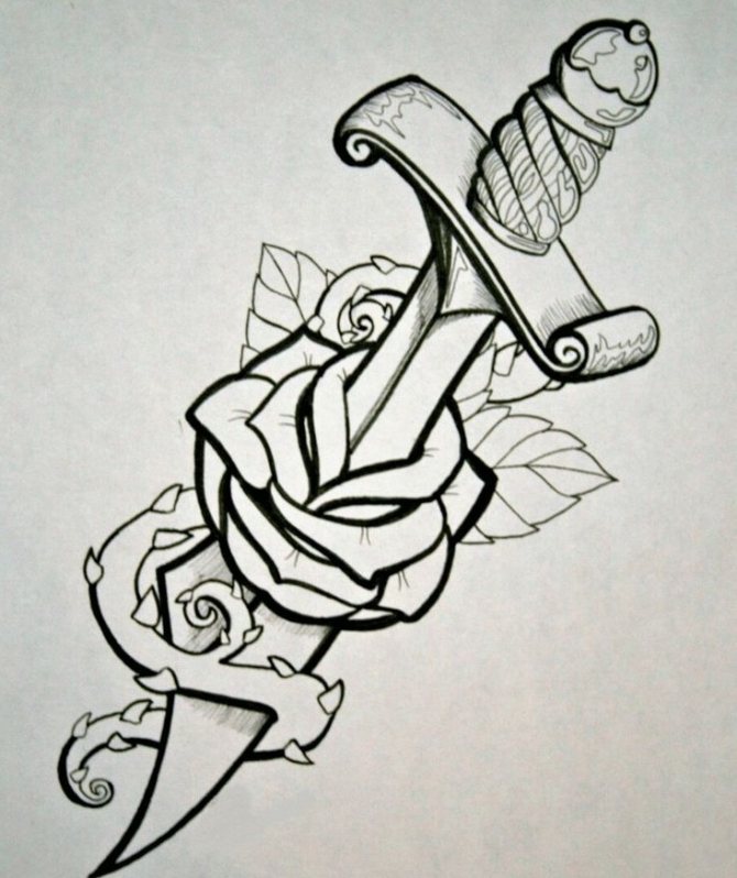 Croquis d'un tatouage de rose et de poignard