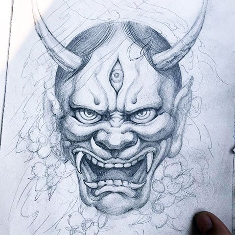Sketch of a Japanese demon Oni for tattoo
