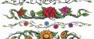 Bocetos de tatuajes para chicas en el brazo. Pequeñas inscripciones, flores, geometría, pulsera