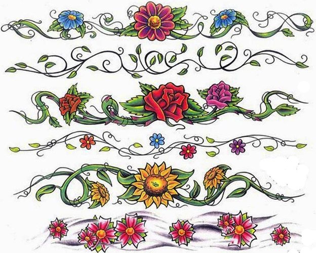 Sketches of tattoos for girls on the arm. Small inscriptions, flowers, geometry, bracelet