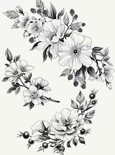 Sketches of tattoos for girls on the arm. Small inscriptions, flowers, geometry, bracelet