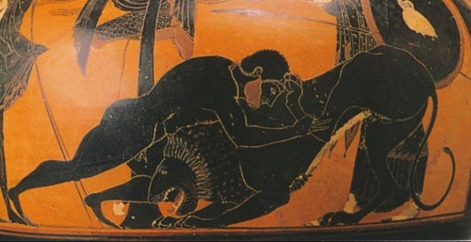 Hercules kills the Nemean lion. Fragment of an ancient Greek vase painting