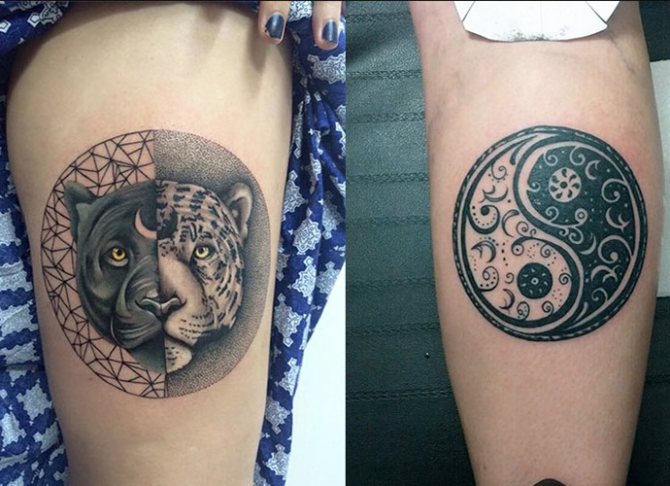 Tatouage Yin-Yang. Qu'est-ce que cela signifie, des croquis sur le bras, le cou, le dos, les jambes pour les couples, les hommes et les filles. Photo