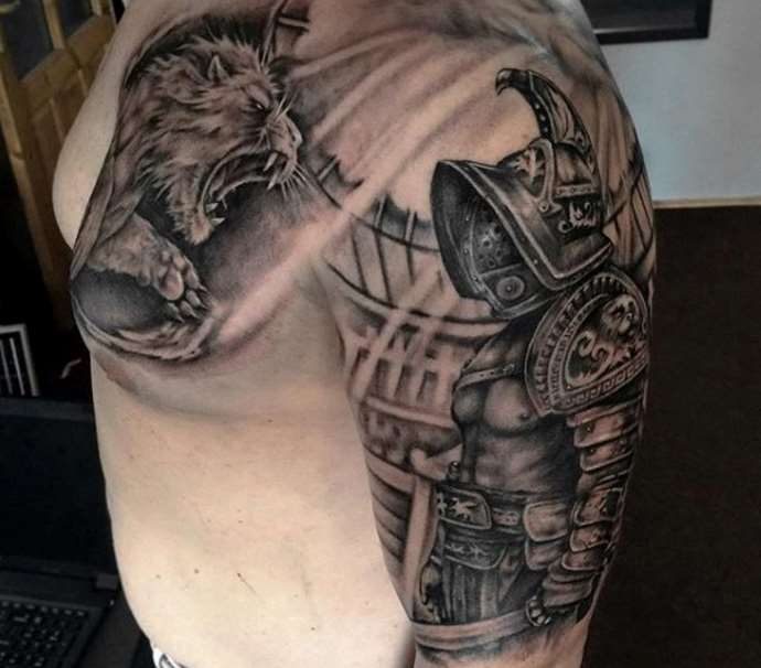 изображение на лъв и воин на рамото ѝ