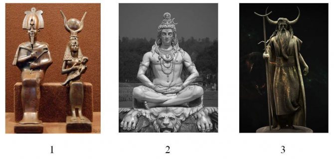 Изображение на символа на полумесеца в статуите на божества от различни култури