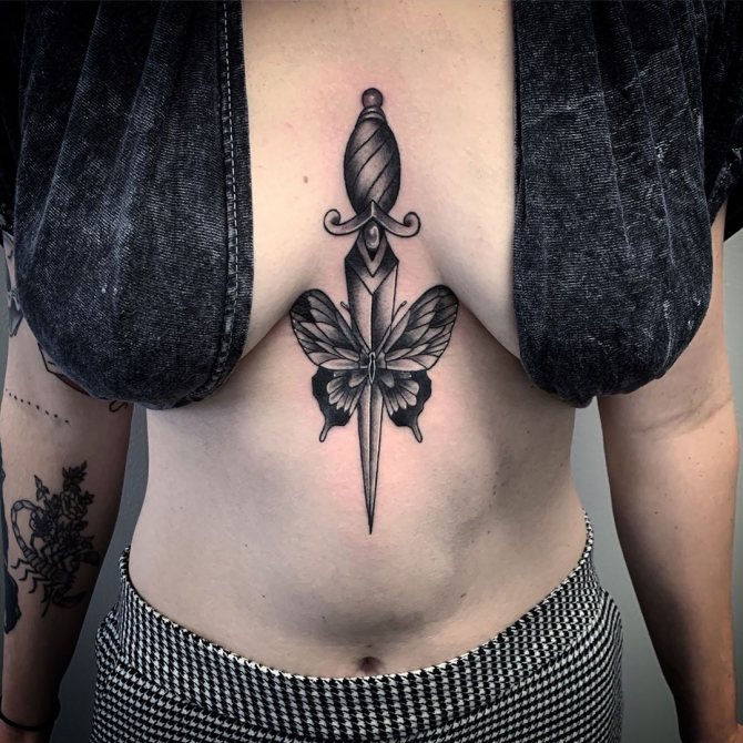 Dagger and Butterfly between Women's Breasts