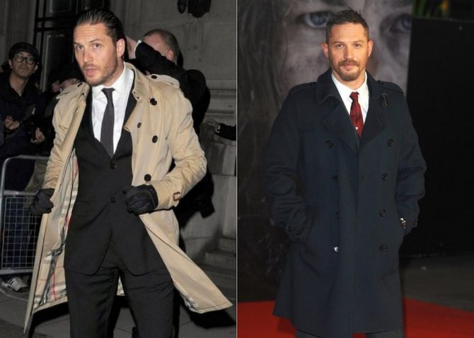 Класическите тренчкоти обикновено са бежови, но гардеробът на актьора включва тъмносини и черни макинтоши.