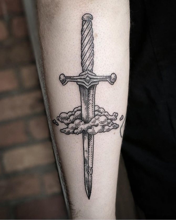 Lightweight Dagger Tattoo in the Clouds