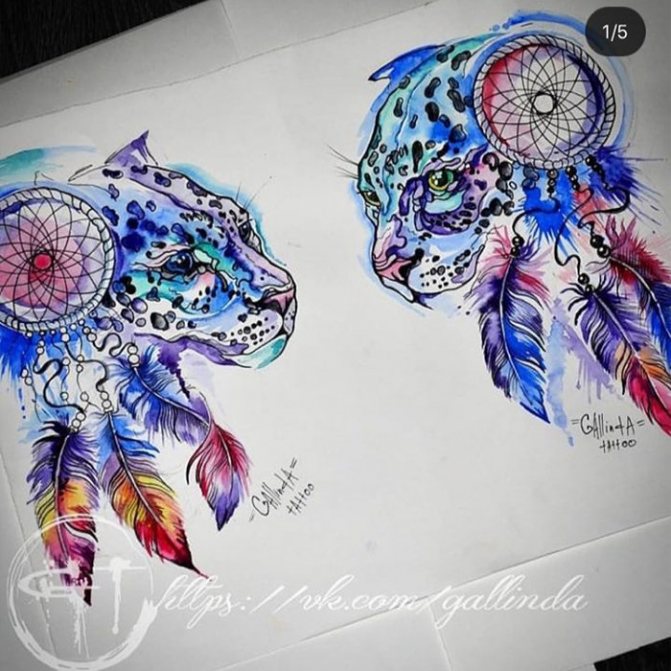 dream catcher tätoveering visand tiiger ja tiigri akvarelliga