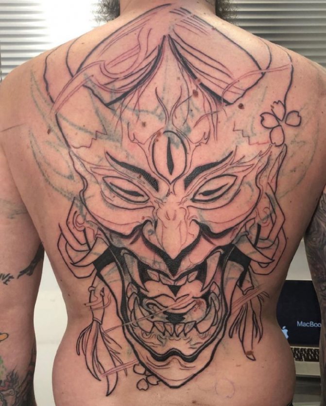 Mask of Chania. Sketch, meaning of a tattoo on his forearm, back, hand, leg and shoulder