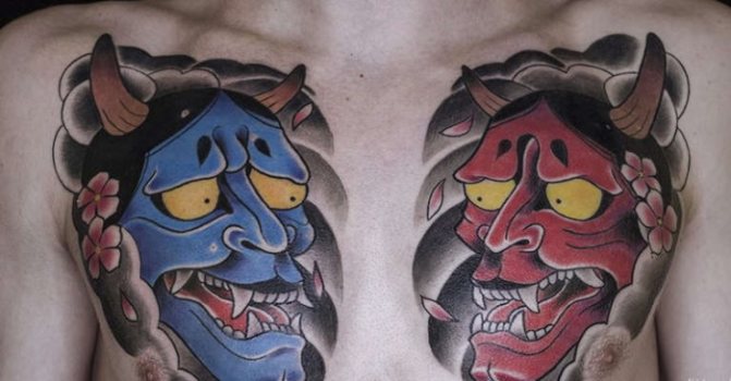 Mask of Chania. Sketch, meaning of a tattoo on his forearm, back, hand, leg and shoulder