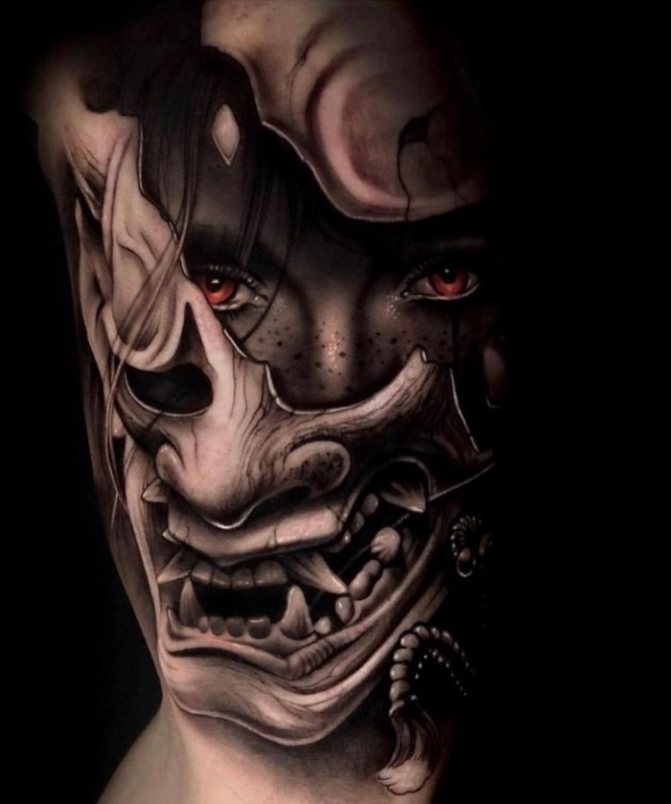 Mask of a demon. Sketch, meaning of the tattoo on the forearm, back, hand, leg, shoulder