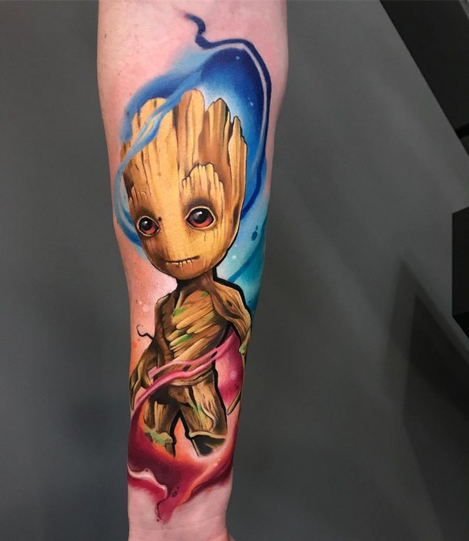 Cute Colorful Tattoo of Small Groot on Your Arm
