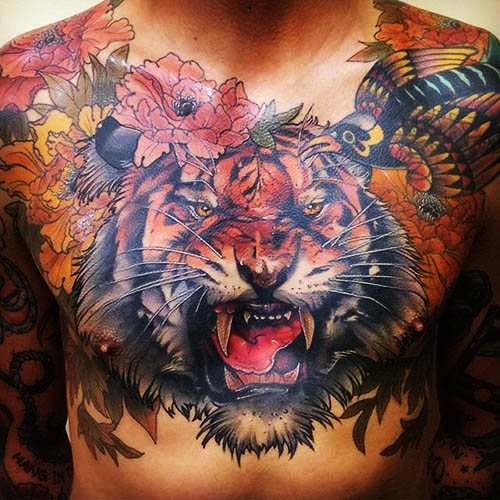 Le sourire du tigre. Photo, signification, sur l'épaule, le sternum, le bras, la jambe