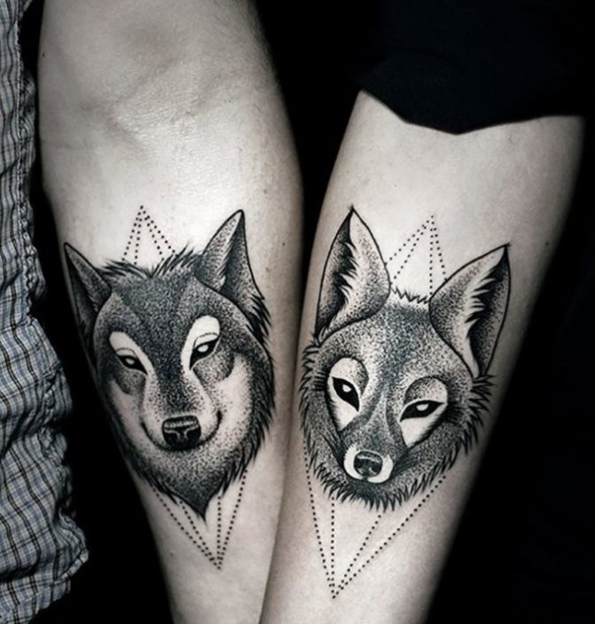 Paired wolf and fox tattoos perfectly complement each other