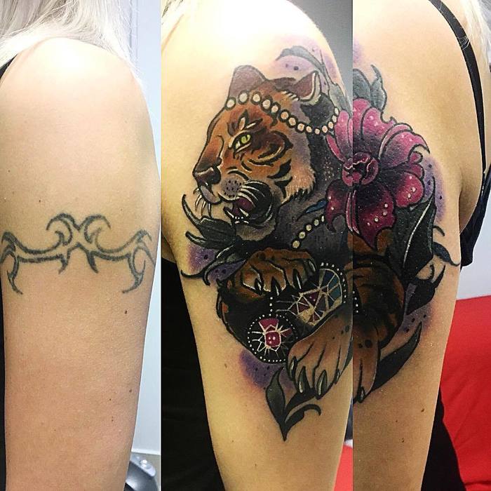 реблокиране на татуировка на рамото тигър