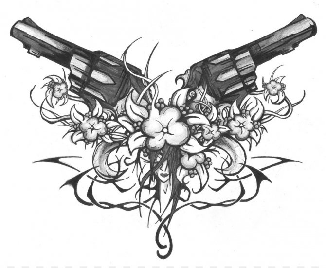 Tatouage d'un pistolet et de fleurs - une variation féminine de l'audace
