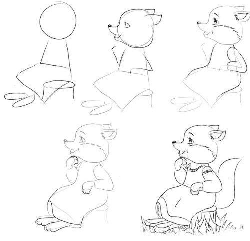 Dessin d'un renard au crayon pour les enfants, à partir d'un conte de fées, d'une fable, de formes géométriques et de symboles, à dessiner étape par étape.