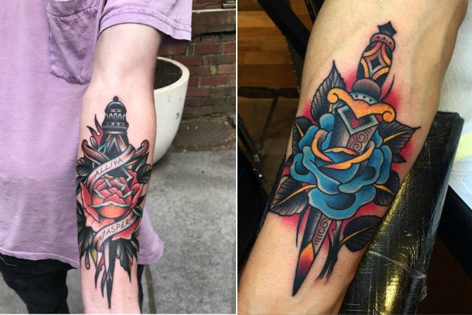 rose avec un tatouage de poignard