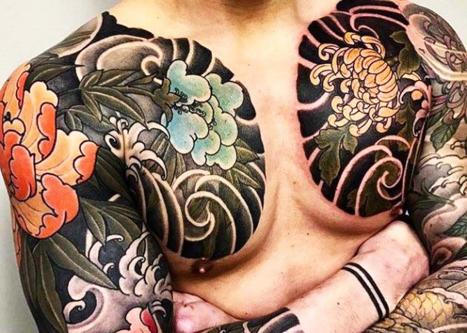 Japanese style sleeve. Tattoo sketches, black and white, color