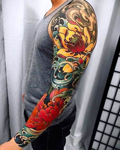 Japanese style sleeve. Tattoo sketches, black and white, color
