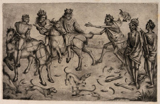 Το μεσαιωνικό μοτίβο των Τριών Νεκρών και των Τριών Ζωντανών ήταν δημοφιλές θέμα πολλών τοιχογραφιών και τοιχογραφιών. Ο μύθος λέει ότι τρεις πλούσιοι και περήφανοι νέοι - ένας πρίγκιπας, ένας δούκας και ένας κόμης - συναντούν τρεις αναστημένους νεκρούς. Το πρώτο πτώμα προειδοποιεί τους άρχοντες ότι θα γίνουν το ίδιο άσχημοι με εκείνον, το δεύτερο παραπονιέται για την κόλαση και το τρίτο μιλάει για το αναπόφευκτο του θανάτου και την ανάγκη να είναι κανείς προετοιμασμένος γι' αυτόν.