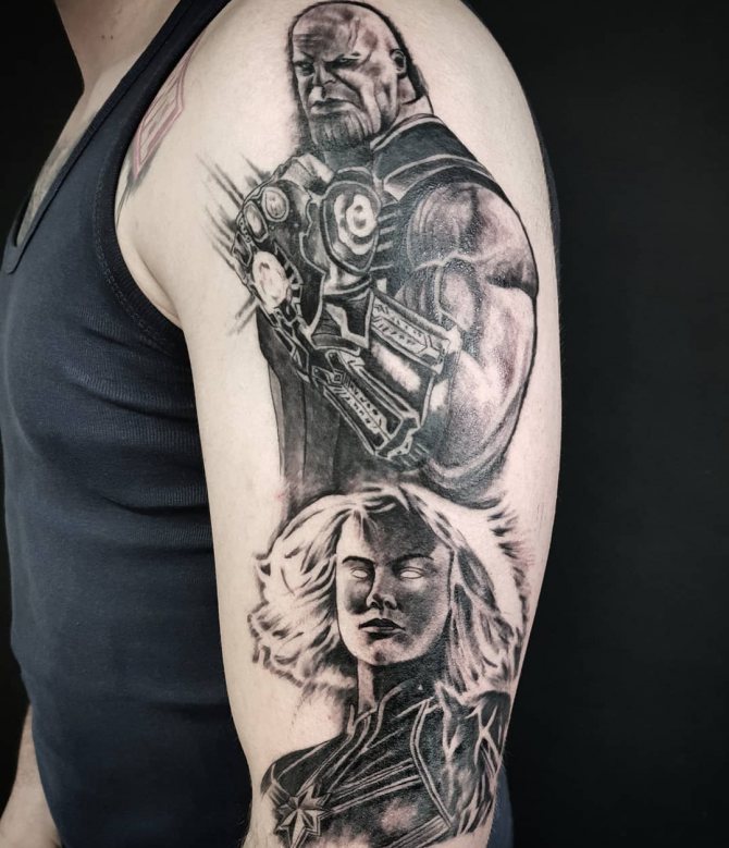 Thanos with the Glove and Captain Marvel