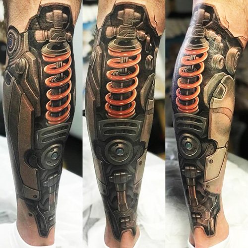 Tattoo shock absorber on the leg. Photos, meanings, sketches