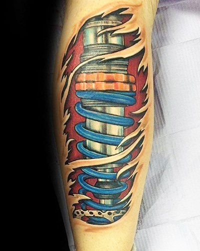 Tattoo shock absorber on the leg. Photo, meaning, sketches