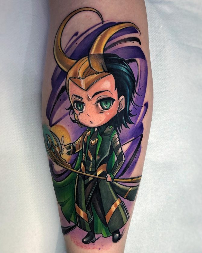 Tattoo of God Loki on his leg