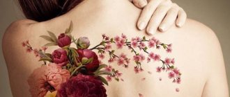 Tattoo flowers. Sketches of black and white, color on the arm, collarbone, leg, hip