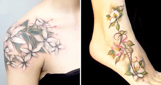 Tatouage de fleurs. Croquis en noir et blanc, coloré sur le bras, la clavicule, la jambe, la cuisse.