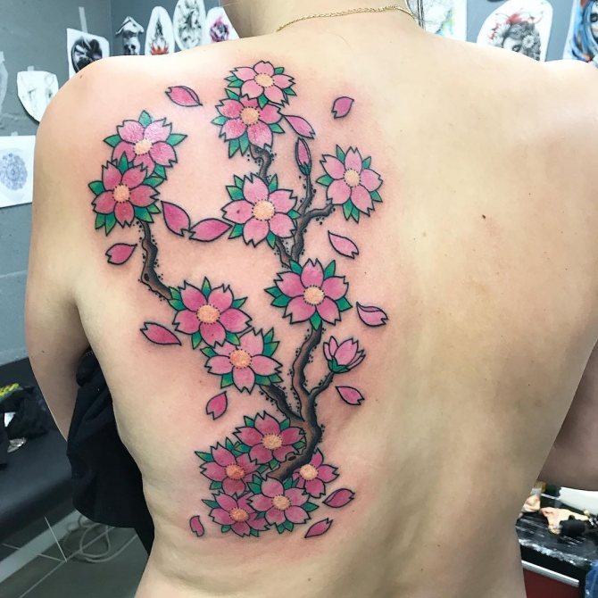 Tatouage de l'arbre Sakura sur le dos d'une femme