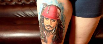 Tattoo of Jack Sparrow on his arm, back, shoulder. Pictures, meanings