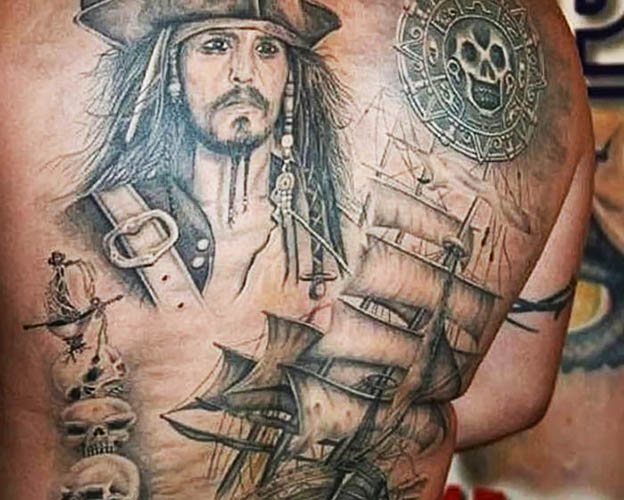 Tattoo of Jack Sparrow on the arm, back, shoulder. Photo, meanings
