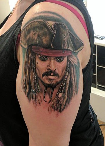Tattoo of Jack Sparrow on the arm, back, shoulder. Photo, meanings
