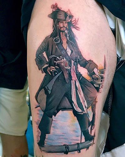 Tattoo of Jack Sparrow on the arm, back, shoulder. Photo, meanings