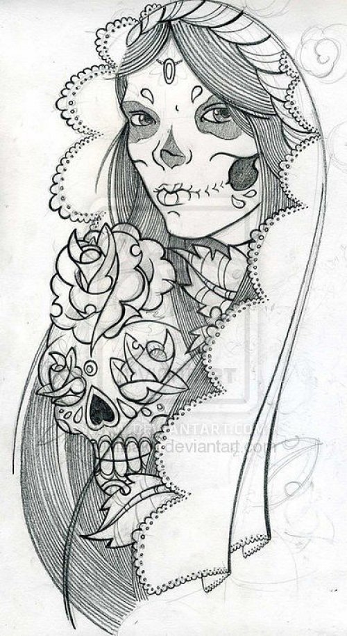 Tattoo sketches on the arm black and white male, a bride with a skull