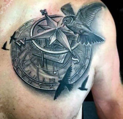 Татуировка компас и птици - снимка