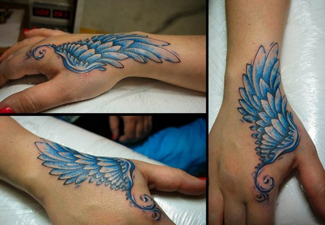 Tatuointi siipi tytön käsivarressa. Allekirjoitus, luonnokset, valokuvat