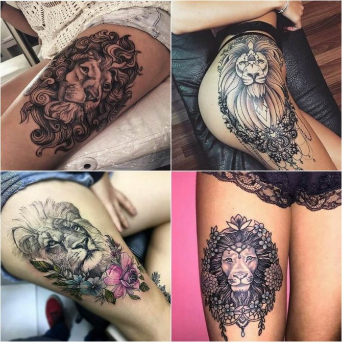 Tattoo Lion - Tatovering af løve på låret - Tatovering af løve på låret