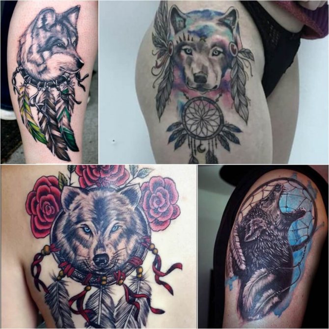 Tattoo dream catcher - Tatouage d'un attrape-rêves avec un loup